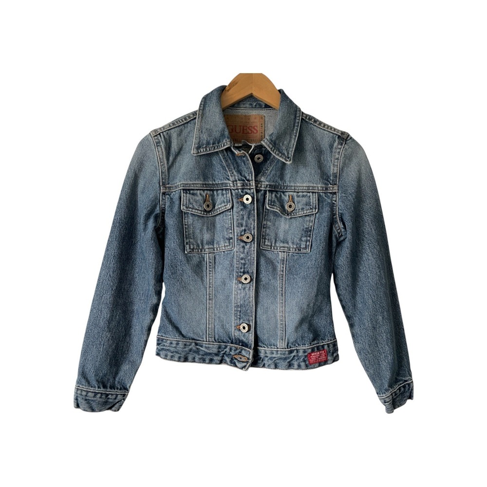 Guess USA 90's Womens S Trucker Jean Jacket Dark Wash Tailored Distressed